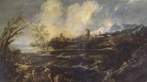 MAGNASCO, Alessandro Landscape with a Man Moving a barrel beside the Shore (mk05)
